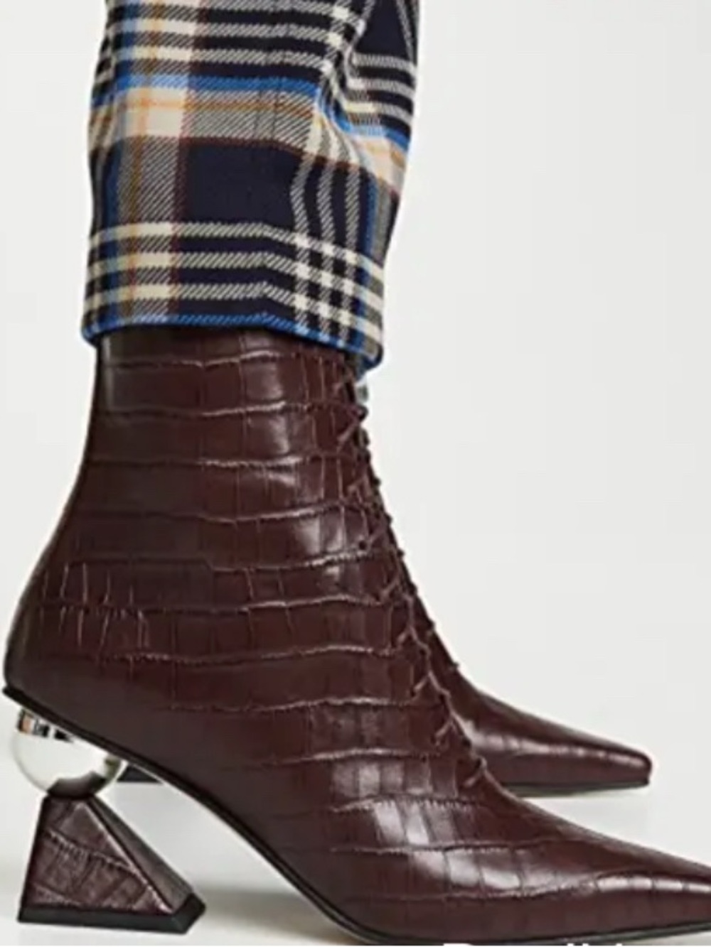 Yuul Yie Pointed Dark Brown Leather Croc-Embossed Lace-Up Ankle Boots Size 37